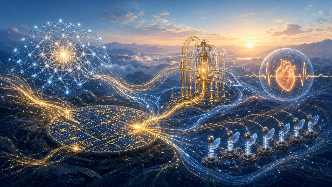 Painterly illustration of an interconnected future: glowing threads linking an AI network, a chip wafer, a quantum processor, a heartbeat symbol and synchronised vibrating mechanical nodes at dawn