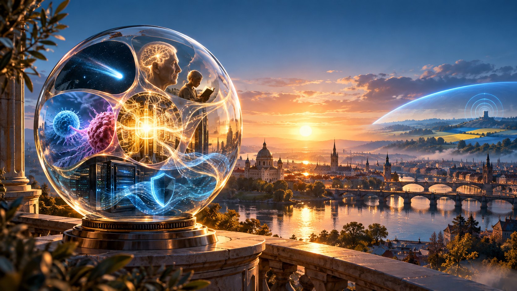 Painterly illustration of a glass sphere on a stone balcony at sunset, filled with a comet, cancer cells, an elderly person and a student reading, a glowing AI core and a server with a security shield, overlooking a European city with a protective dome on the horizon