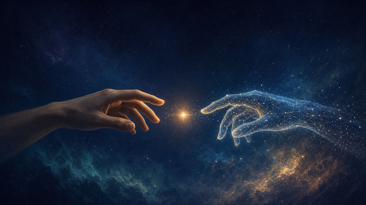 A human hand and a hand made of starlight reaching toward each other across a starry sky